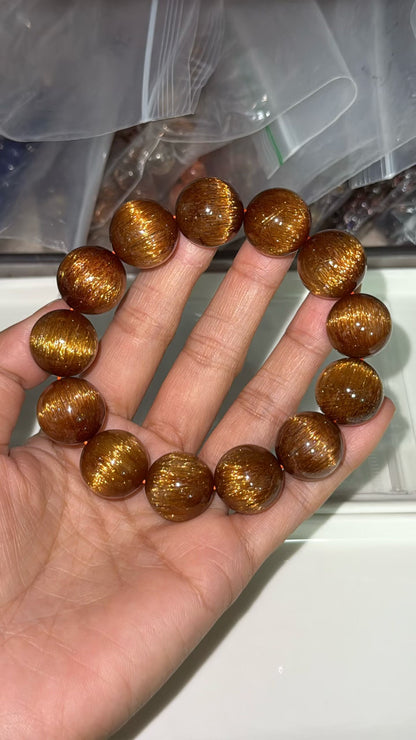 Natural Copper Titanium crystal Rutilated Quartz beaded bracelet 17mm