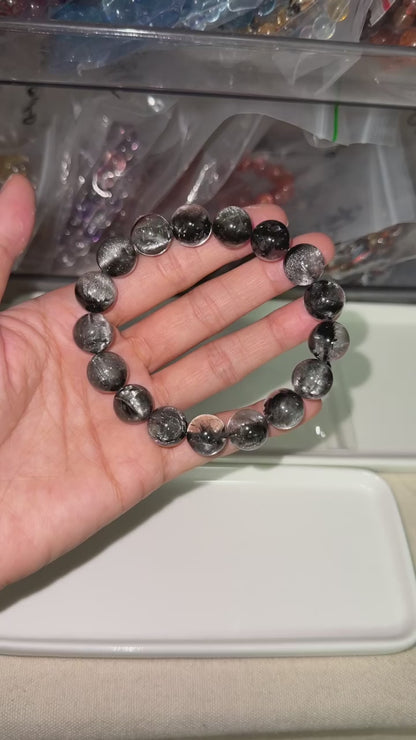 12mm High Quality Rare Natural Genuine Black Brookite Platinum Silver Rutilated Quartz Bracelet healing energy bracelet