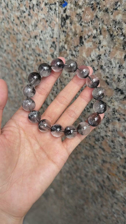 13mm High Quality Rare Natural Genuine Black Brookite Platinum Silver Rutilated Quartz Bracelet healing energy bracelet