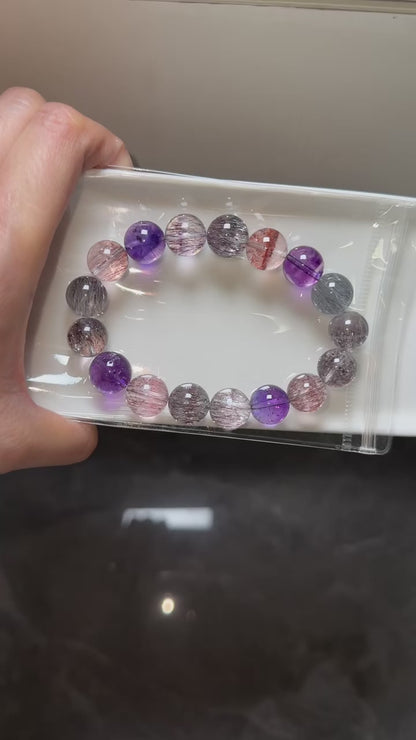 Natural Multicolor super seven Rutilated Quartz Crystal beads bracelet 12mm