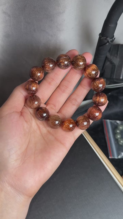 Natural Genuine Red copper Rutilated Quartz Crystal beads bracelet 15mm