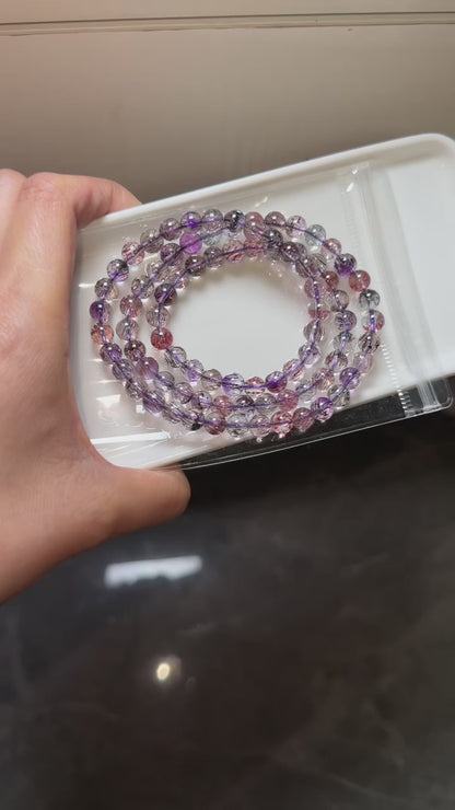 6.8mm Natural Super seven crystal Rutilated Quartz beads bracelet,3 laps bracelet