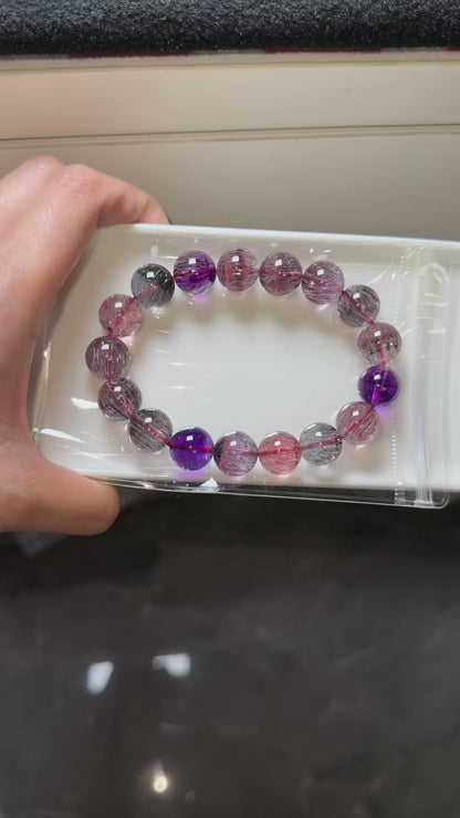 12.5mm Natural super seven Rutilated Quartz Crystal beads bracelet,Lepidocrocite in quartz,super7 bracelet